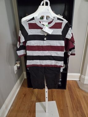 Tahari Boys Striped Henley Set - Gray, Burgundy & Black